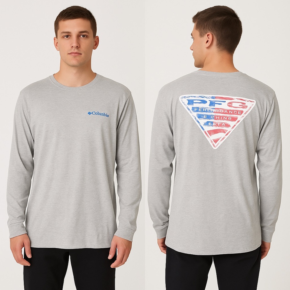Columbia PFG Long Sleeve Shirt Gray American Flag Logo Men’s Large NN